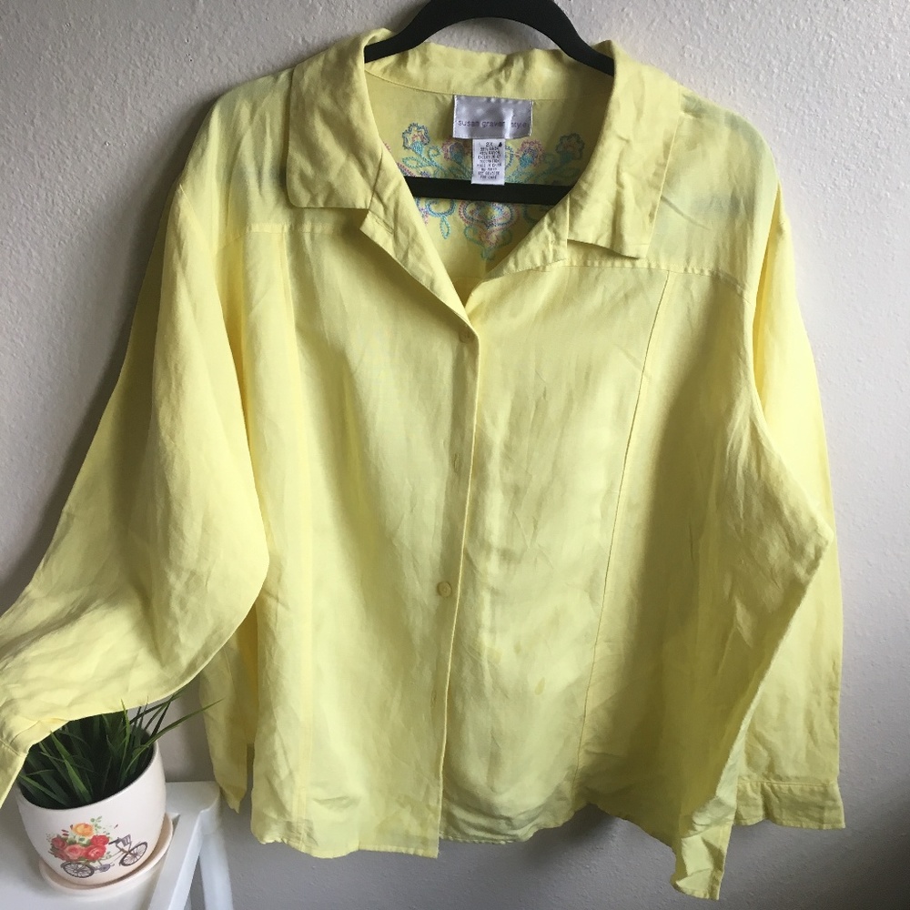 SUSAN GRAVER YELLOW BUTTON DOWN LINEN BLEND SHIRT